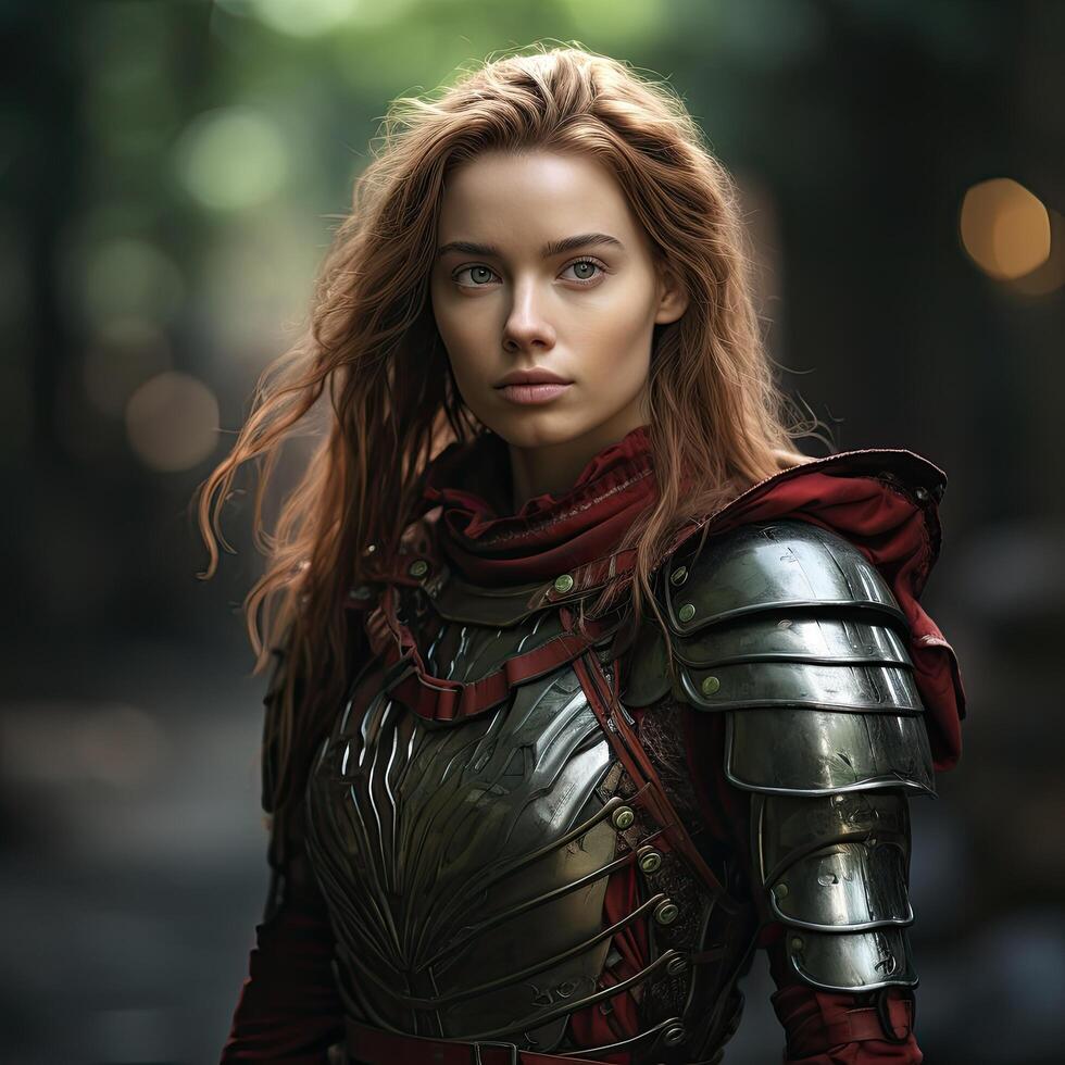 Fierce female warrior in red and silver armor photo