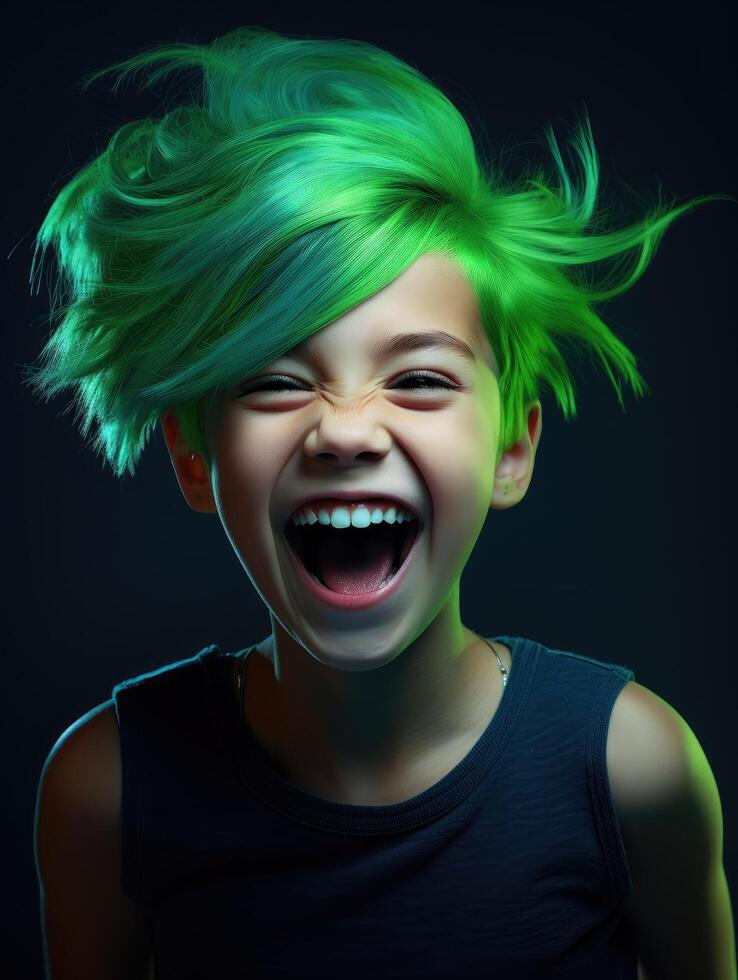 Vibrant green hair on young person photo