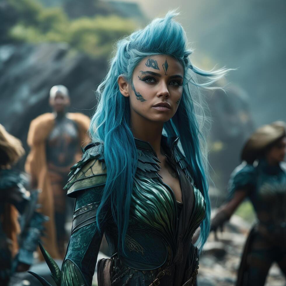 fantasy warrior woman with blue hair photo