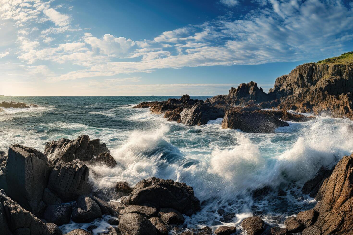 Dramatic seascape with crashing waves and rugged cliffs photo