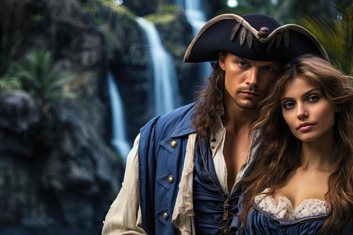 Adventurous couple in pirate inspired attire near waterfall photo