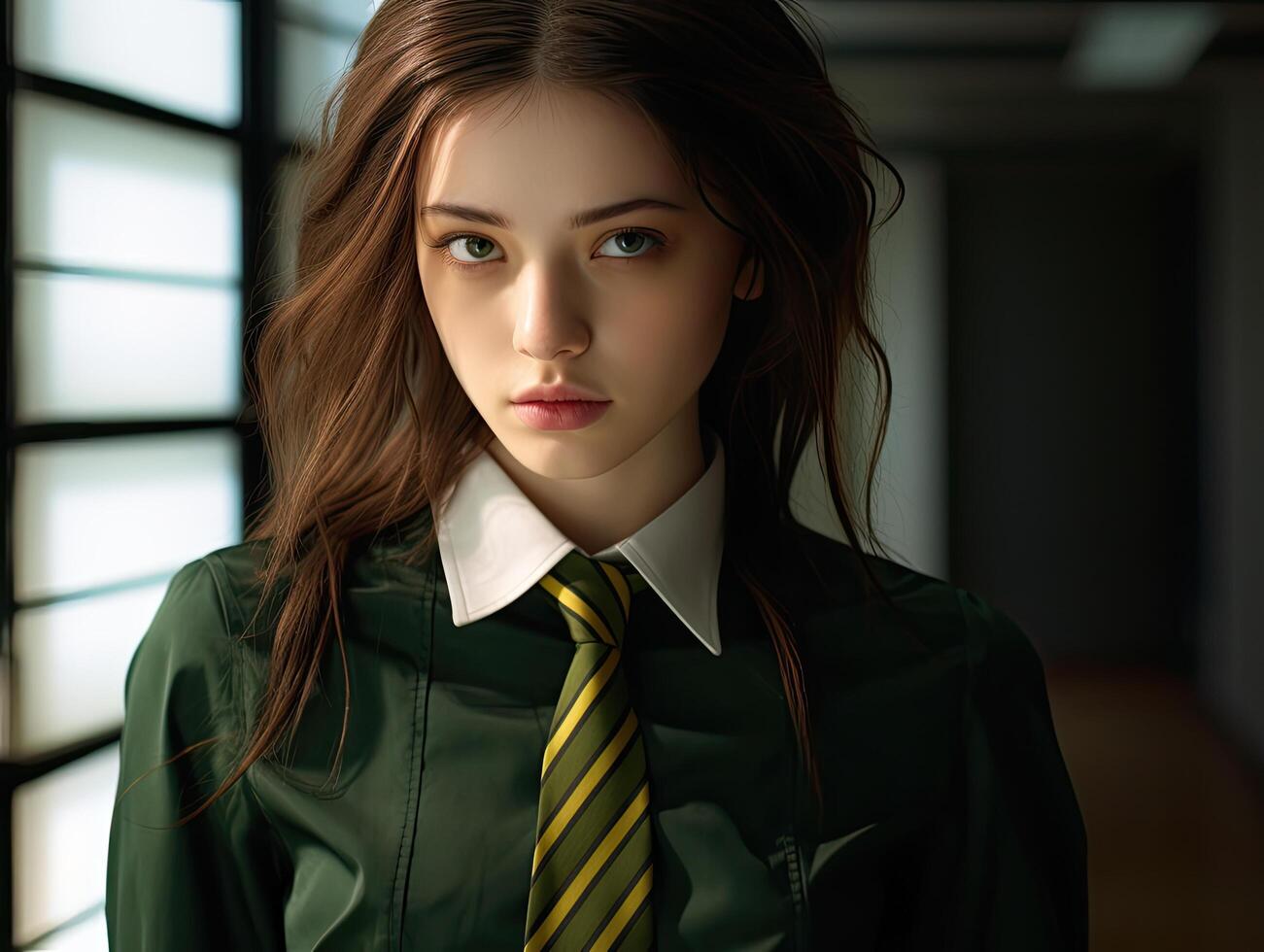 Serious young woman in school uniform photo