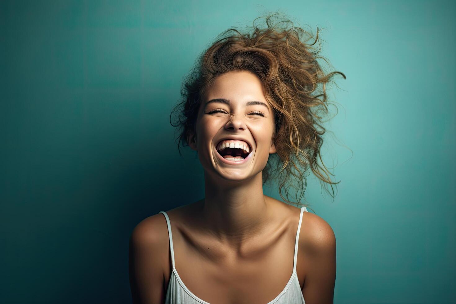 Joyful woman with curly hair laughing photo