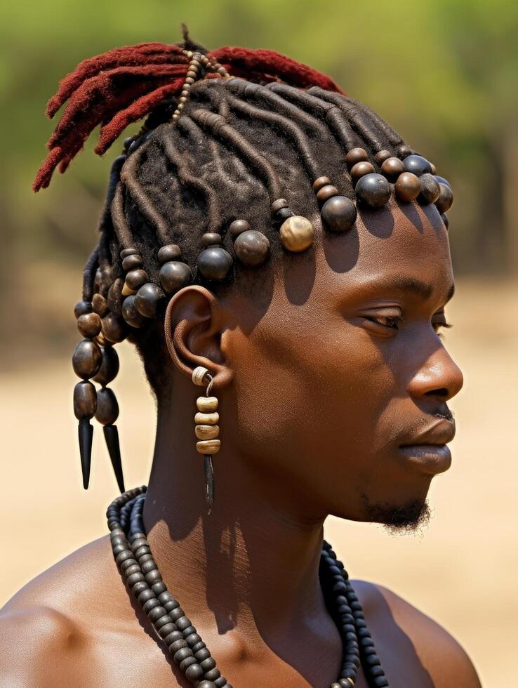 close up portrait of a person with intricate hairstyle and beaded accessories photo