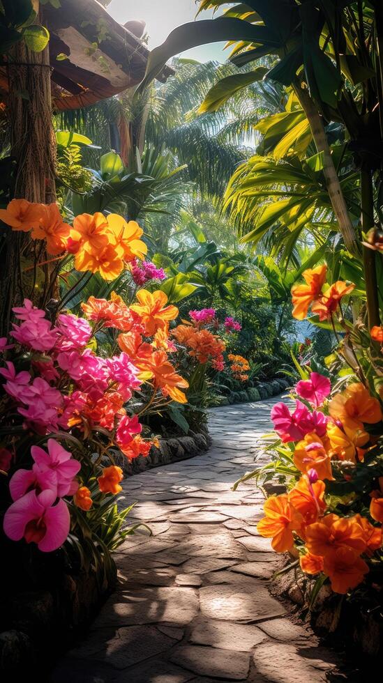 Vibrant tropical garden path with colorful flowers photo