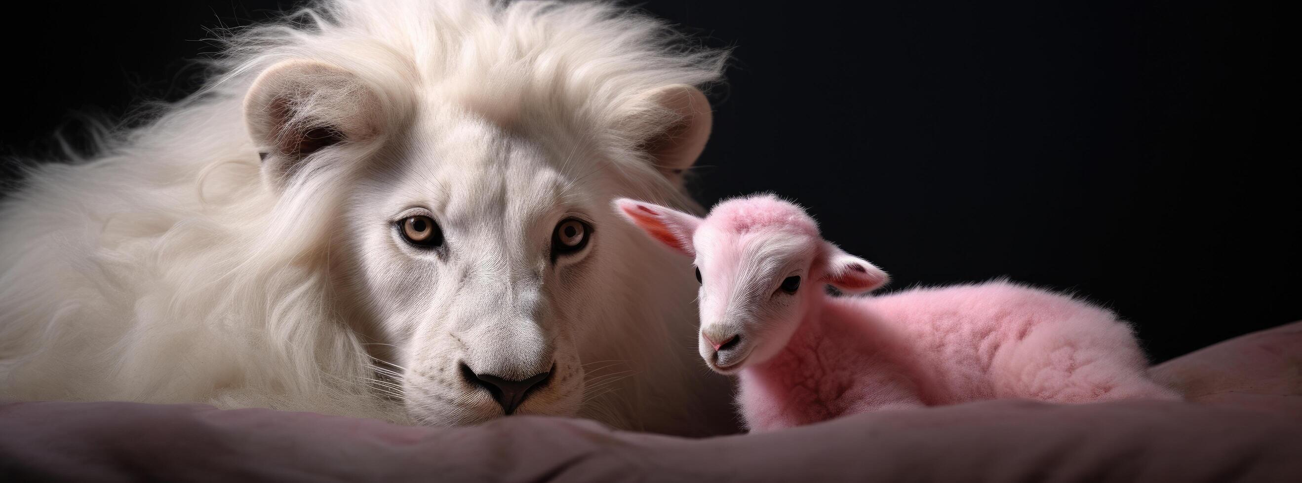 white lion and pink lamb cuddling photo