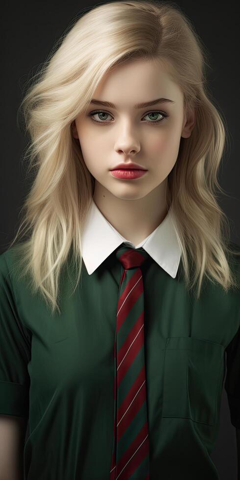Portrait of a young woman with blonde hair wearing a school uniform photo