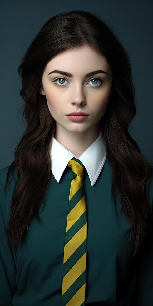 Serious young woman in school uniform photo