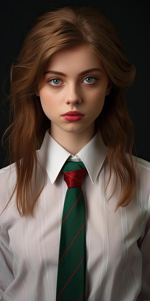 Serious young woman with red lips and green tie photo