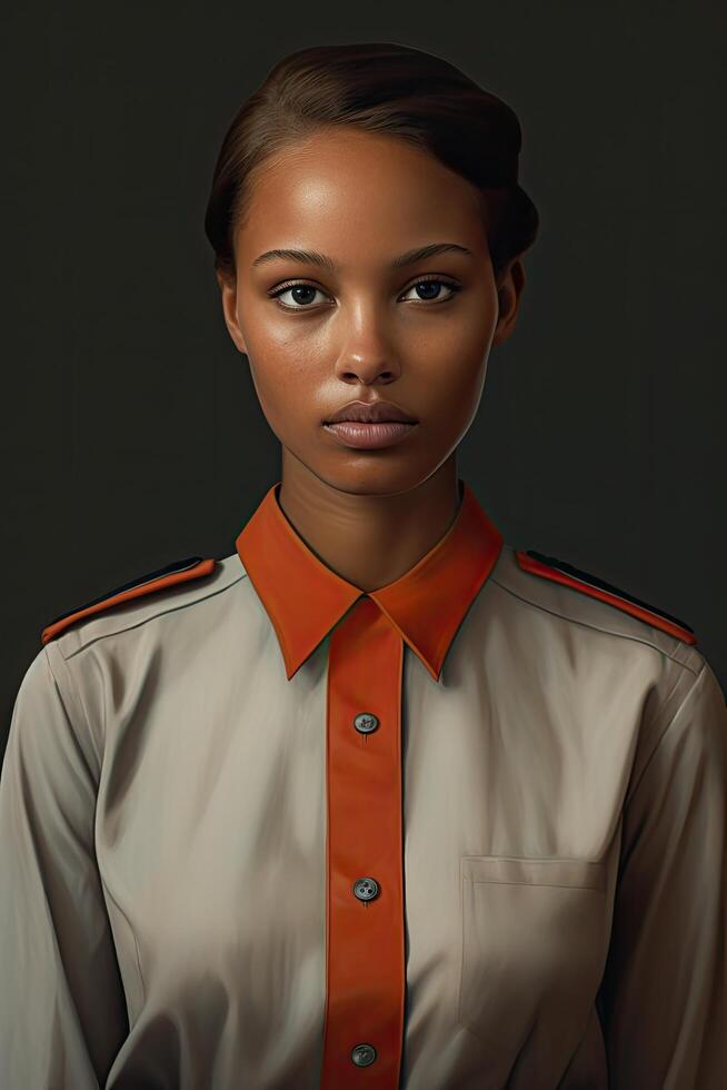Serious young woman in uniform photo