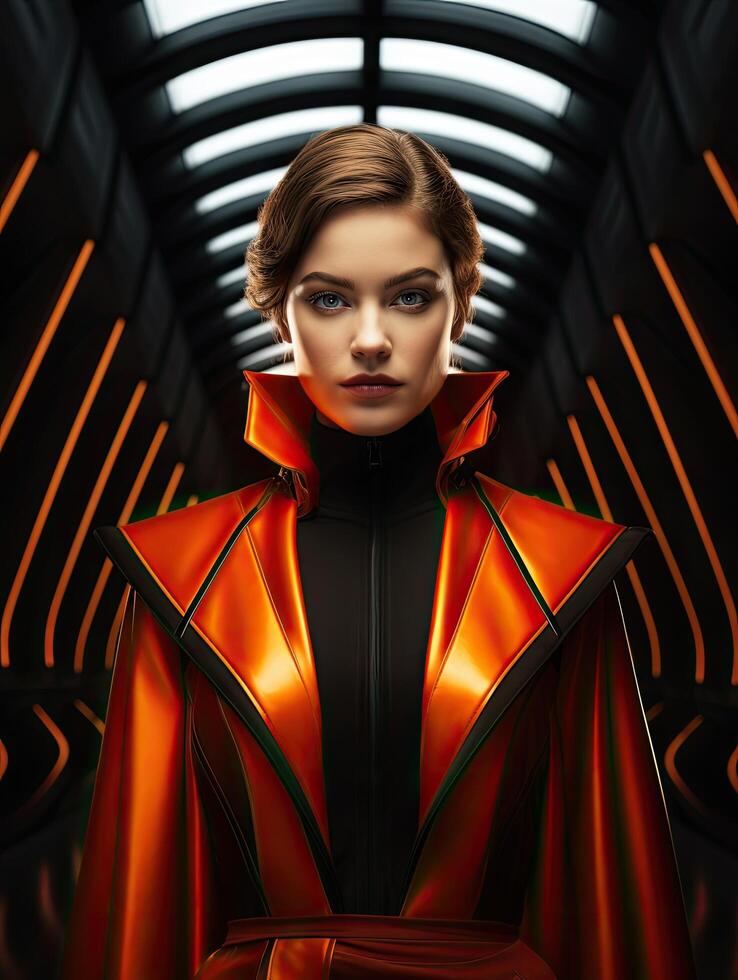 Futuristic woman in striking red and orange outfit photo