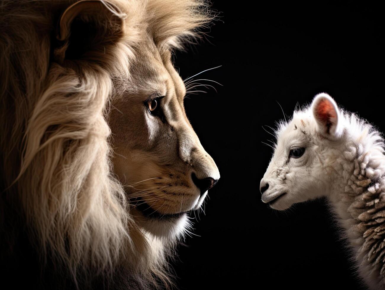 Powerful lion and lamb in dramatic contrast photo