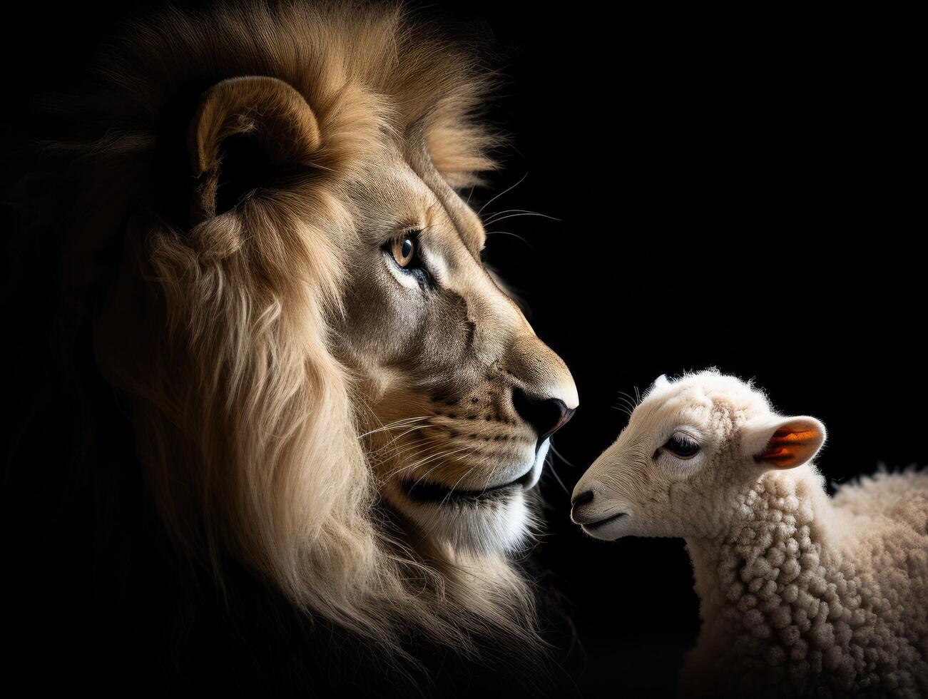 majestic lion and lamb in dark contrast photo