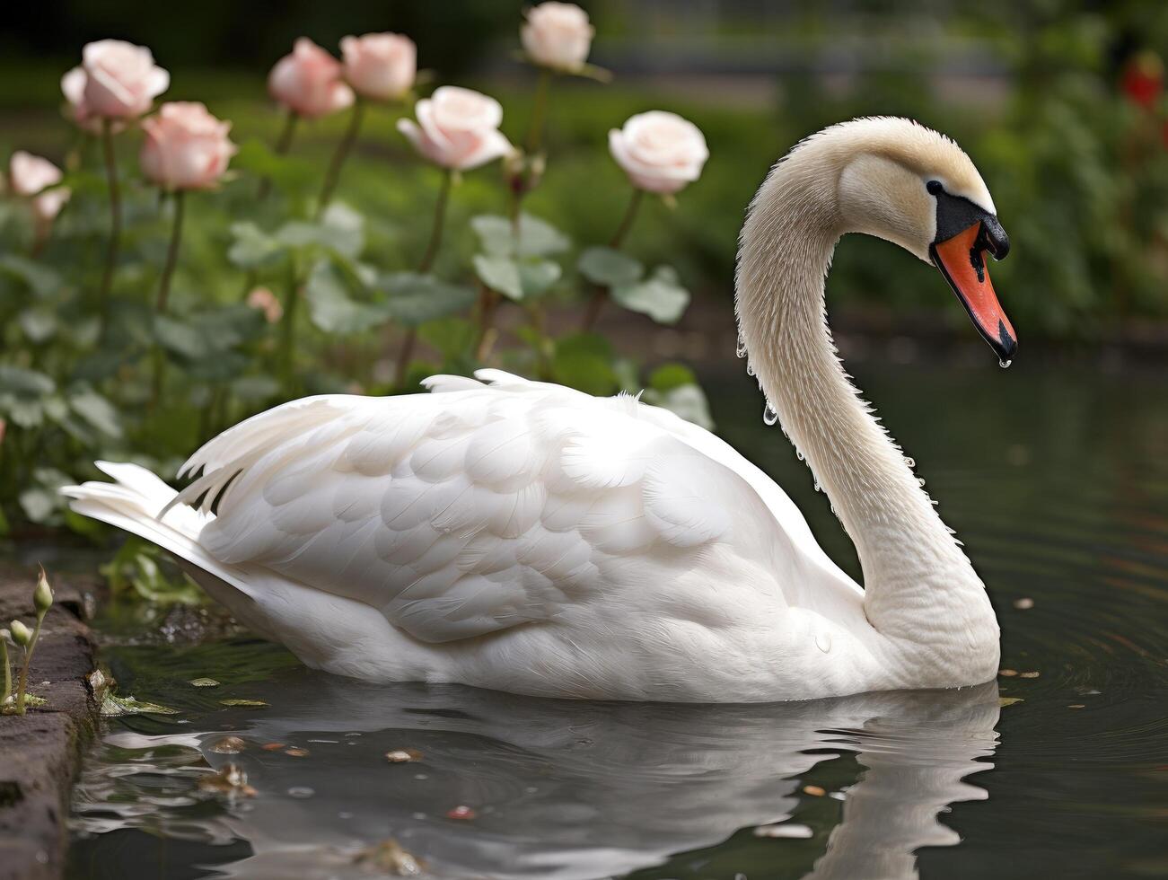 white swan swimming in pond with pink roses photo