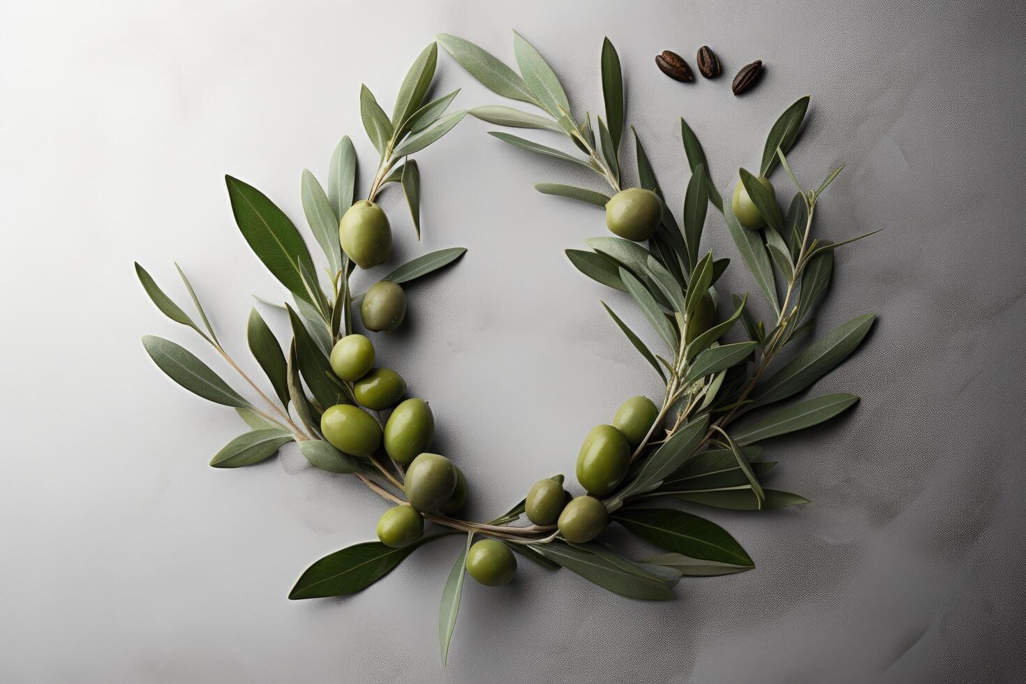 Wreath of fresh olive branches and olives photo
