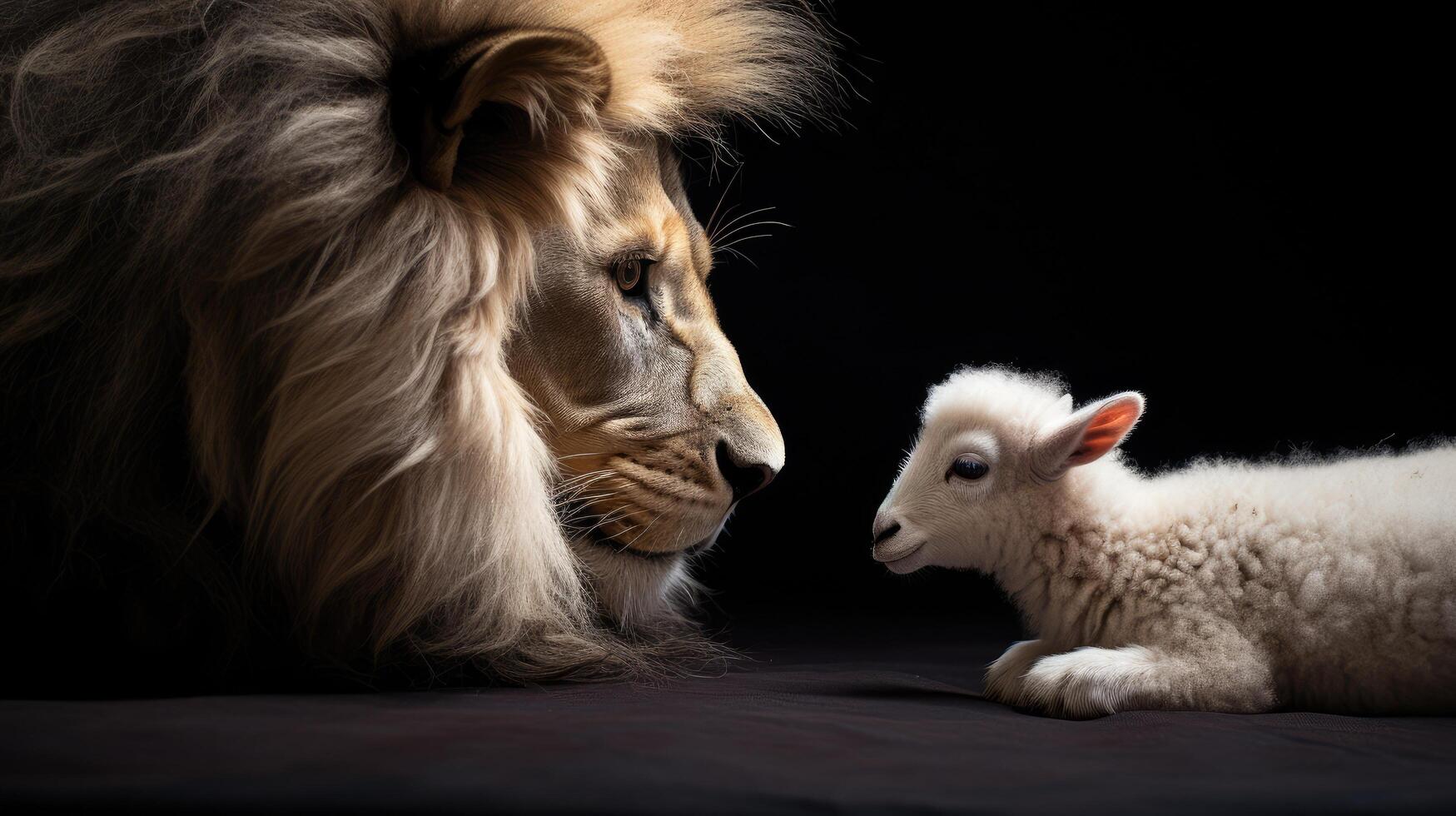 Majestic lion and innocent lamb photo