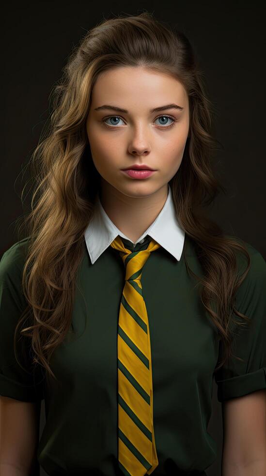 Serious young woman in school uniform photo