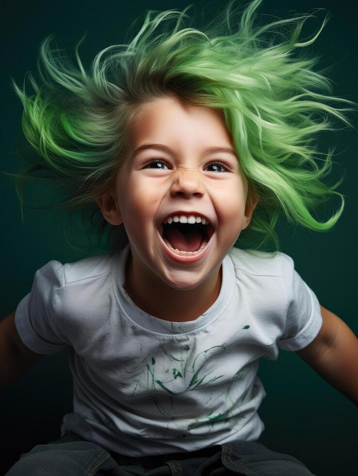 joyful child with vibrant green hair photo