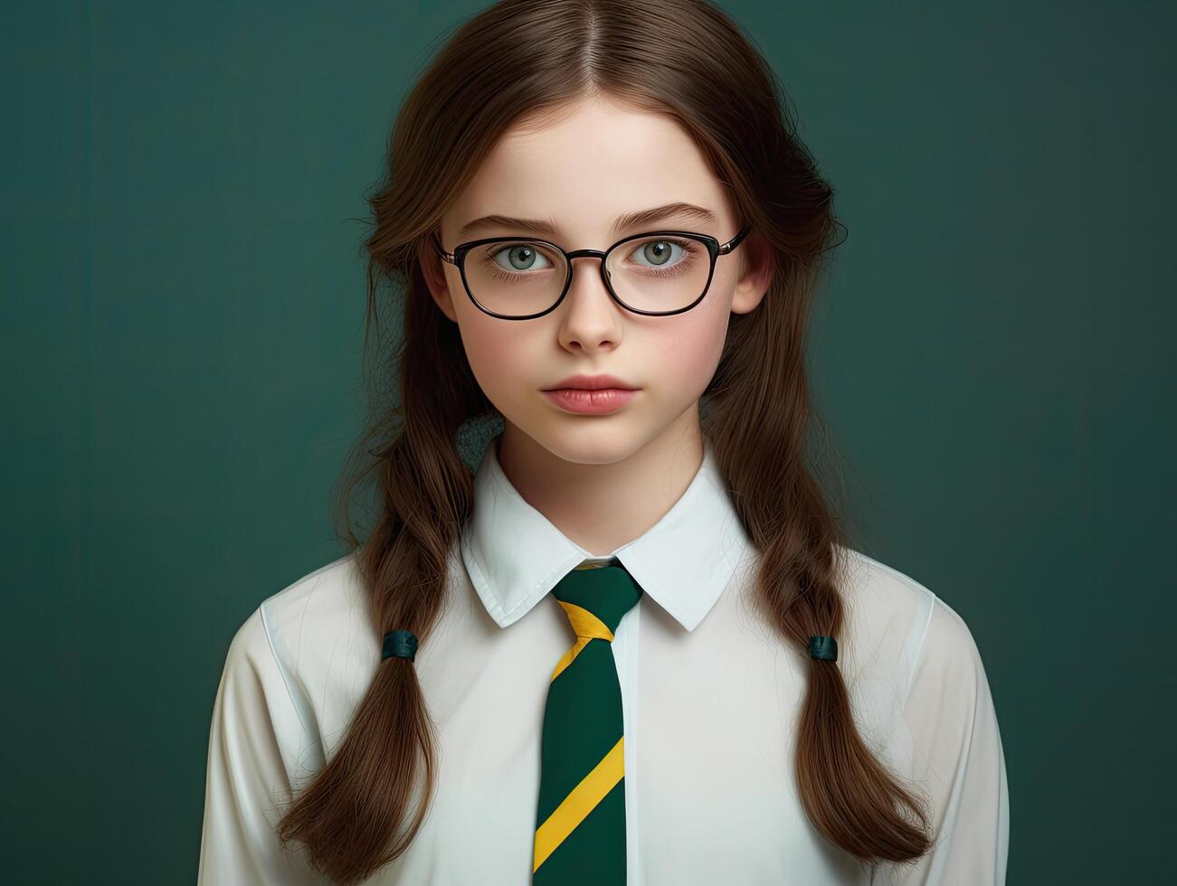 young girl in school uniform with glasses photo