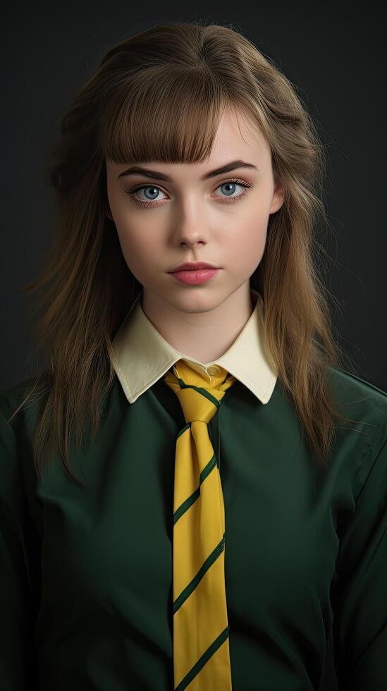 Serious young woman in school uniform photo