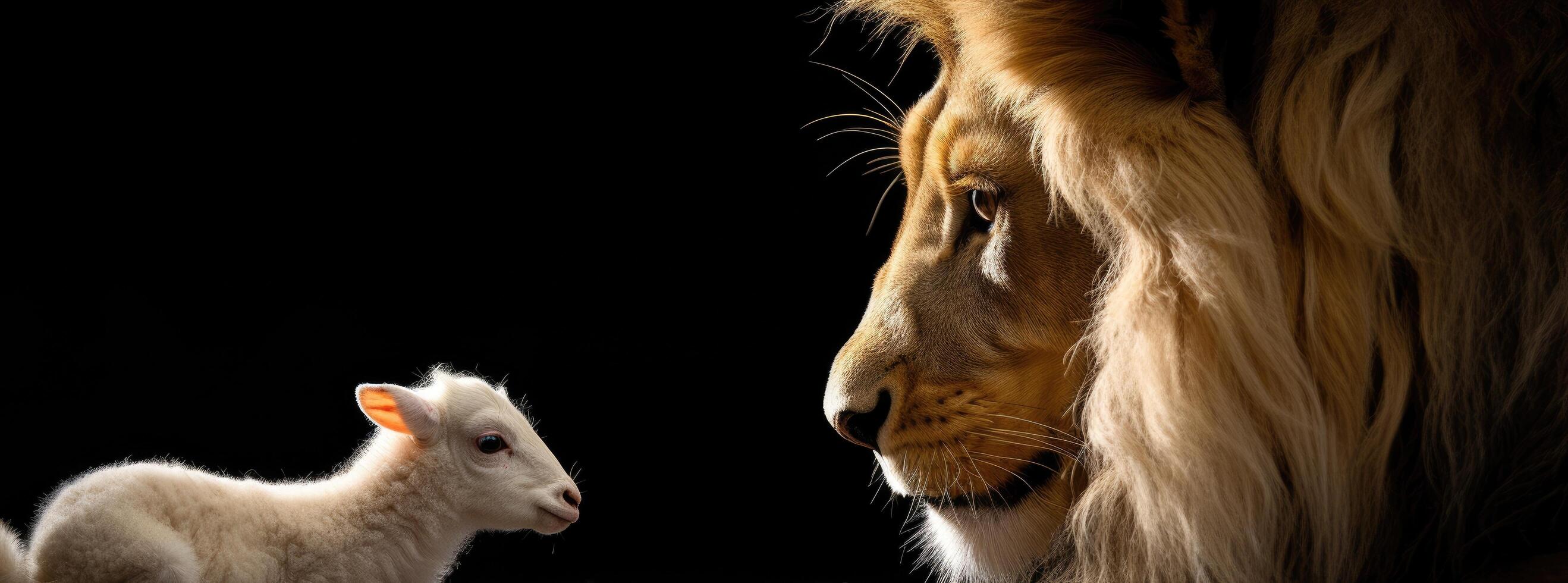 Curious lamb and lion in the dark photo