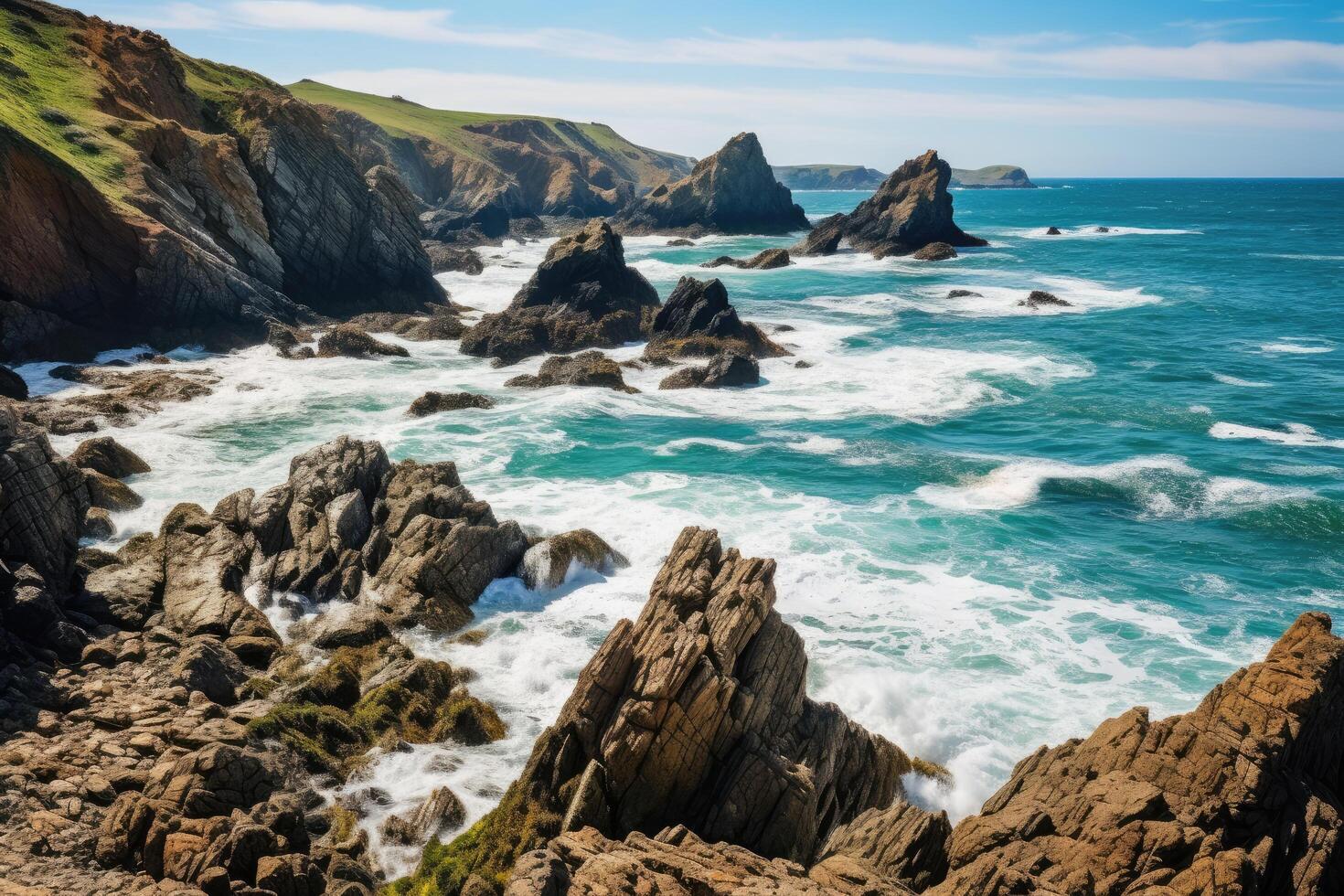 Rugged coastal landscape with crashing waves photo