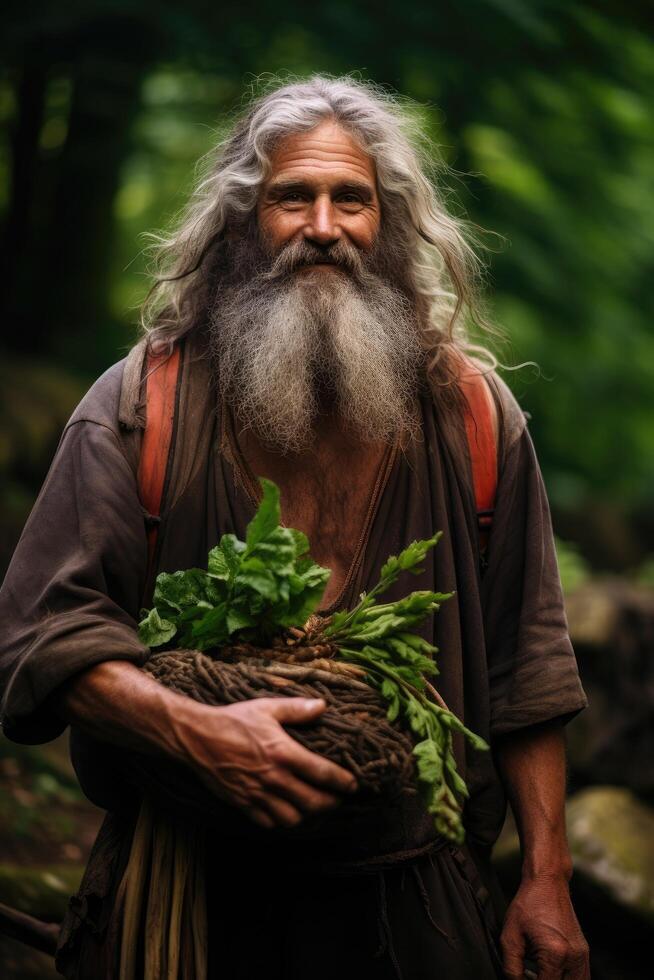 Bearded man holding fresh produce in forest photo