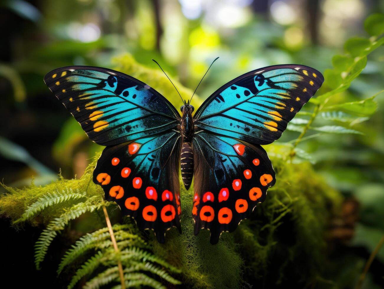 Vibrant blue and orange butterfly in nature photo