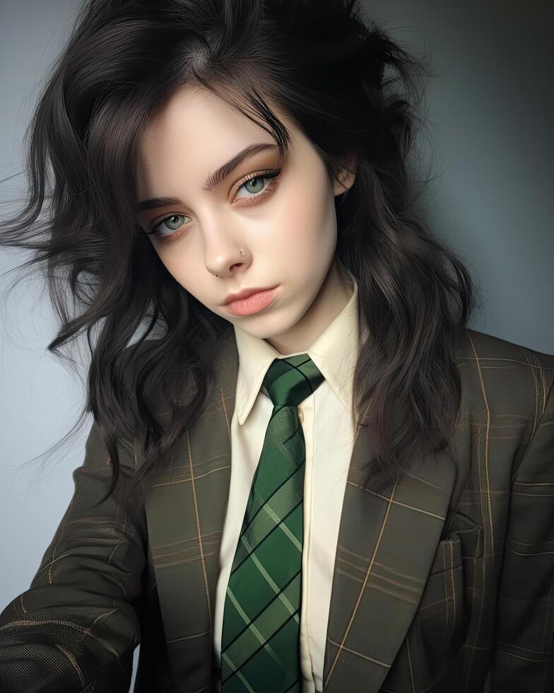 young woman in formal attire with pensive expression photo