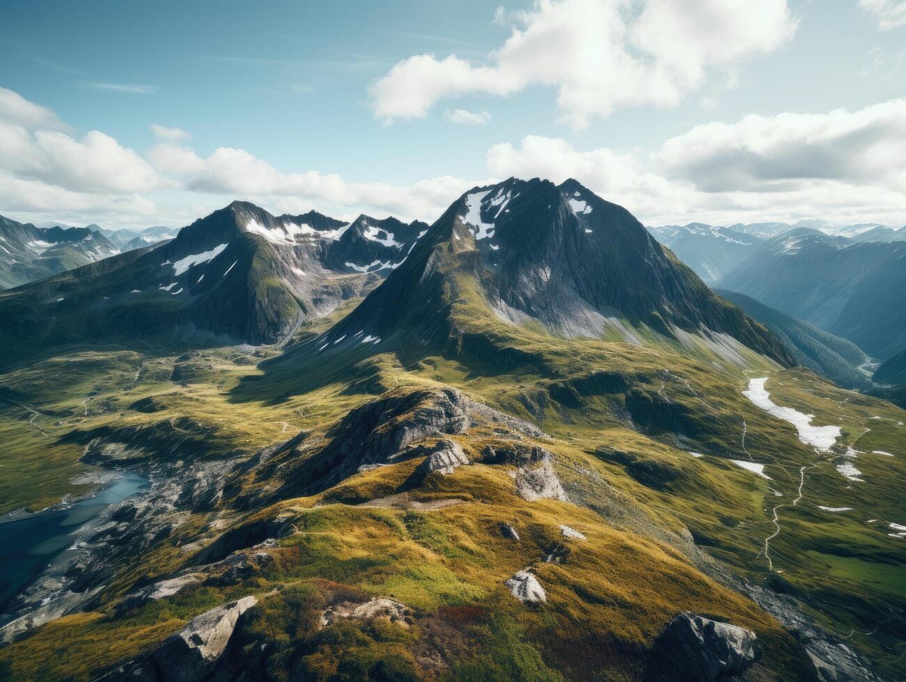 Majestic mountain landscape with snow capped peaks and lush green valleys photo