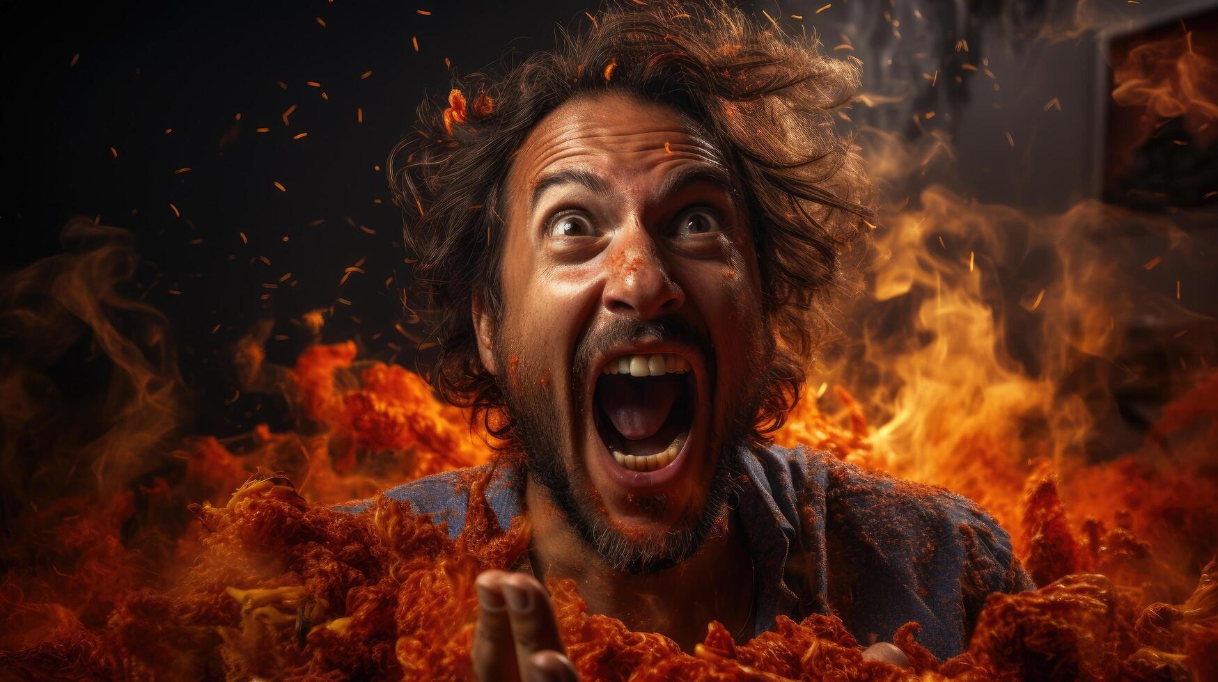 Intense man with wild hair and fiery expression photo