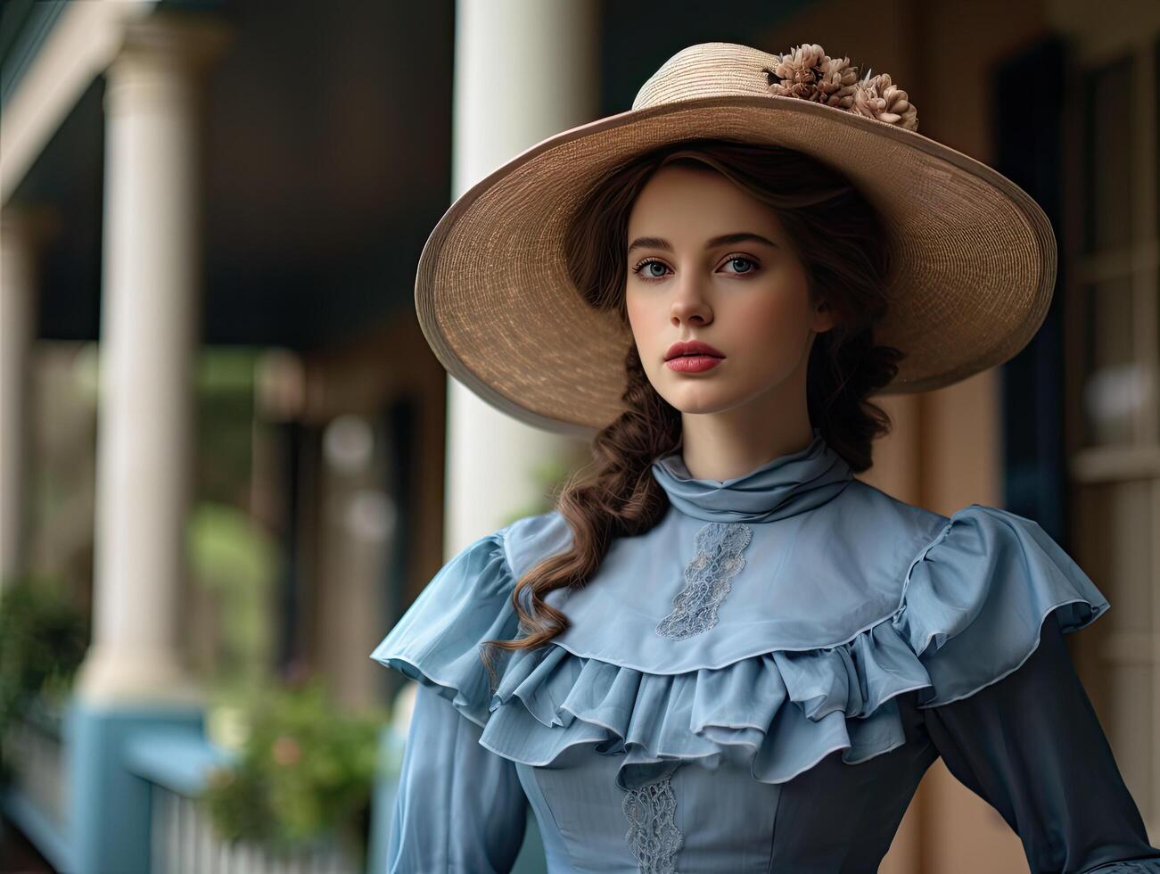 woman in vintage dress and hat posing outdoors photo