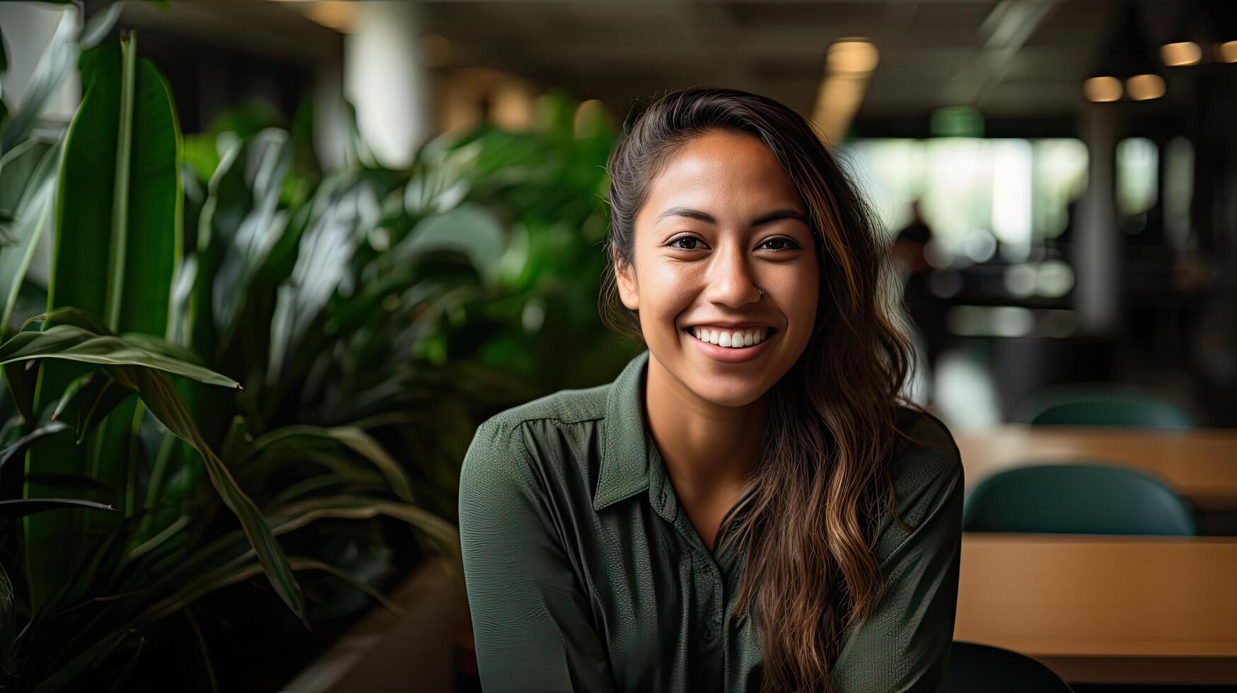 Smiling young woman in green jacket surrounded by plants photo