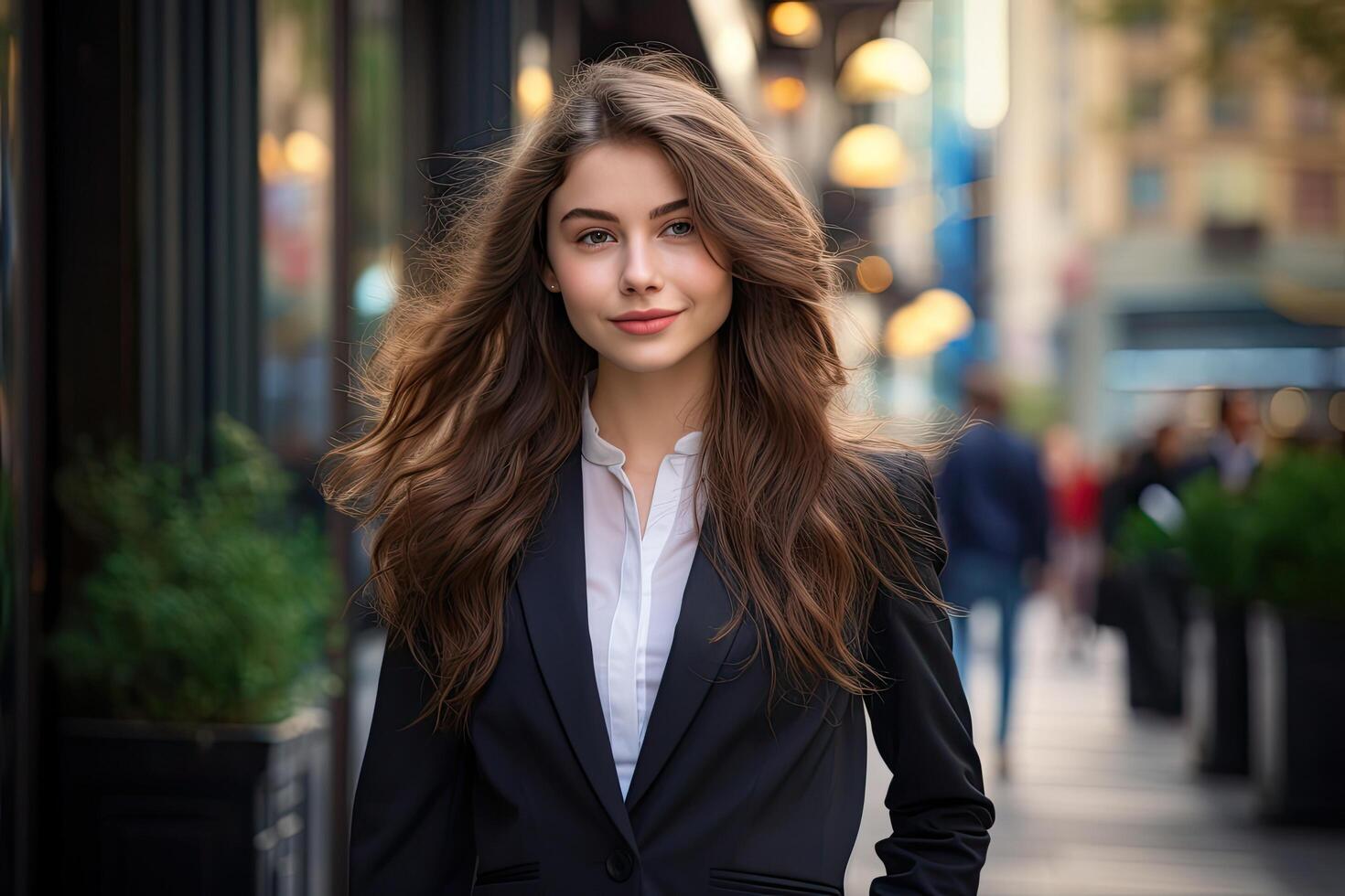 young woman with long brown hair in city street photo