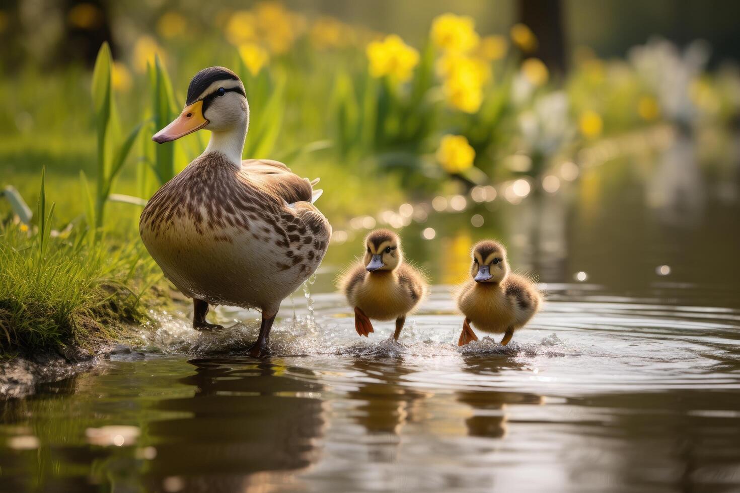 mother duck and ducklings in pond photo