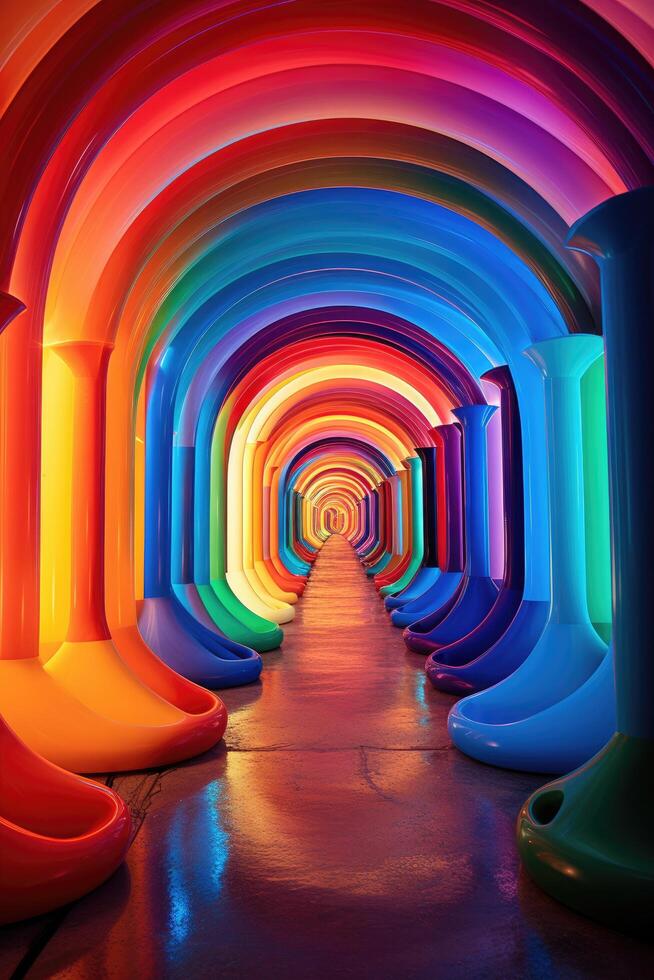 Vibrant rainbow tunnel with colorful arched passageway photo