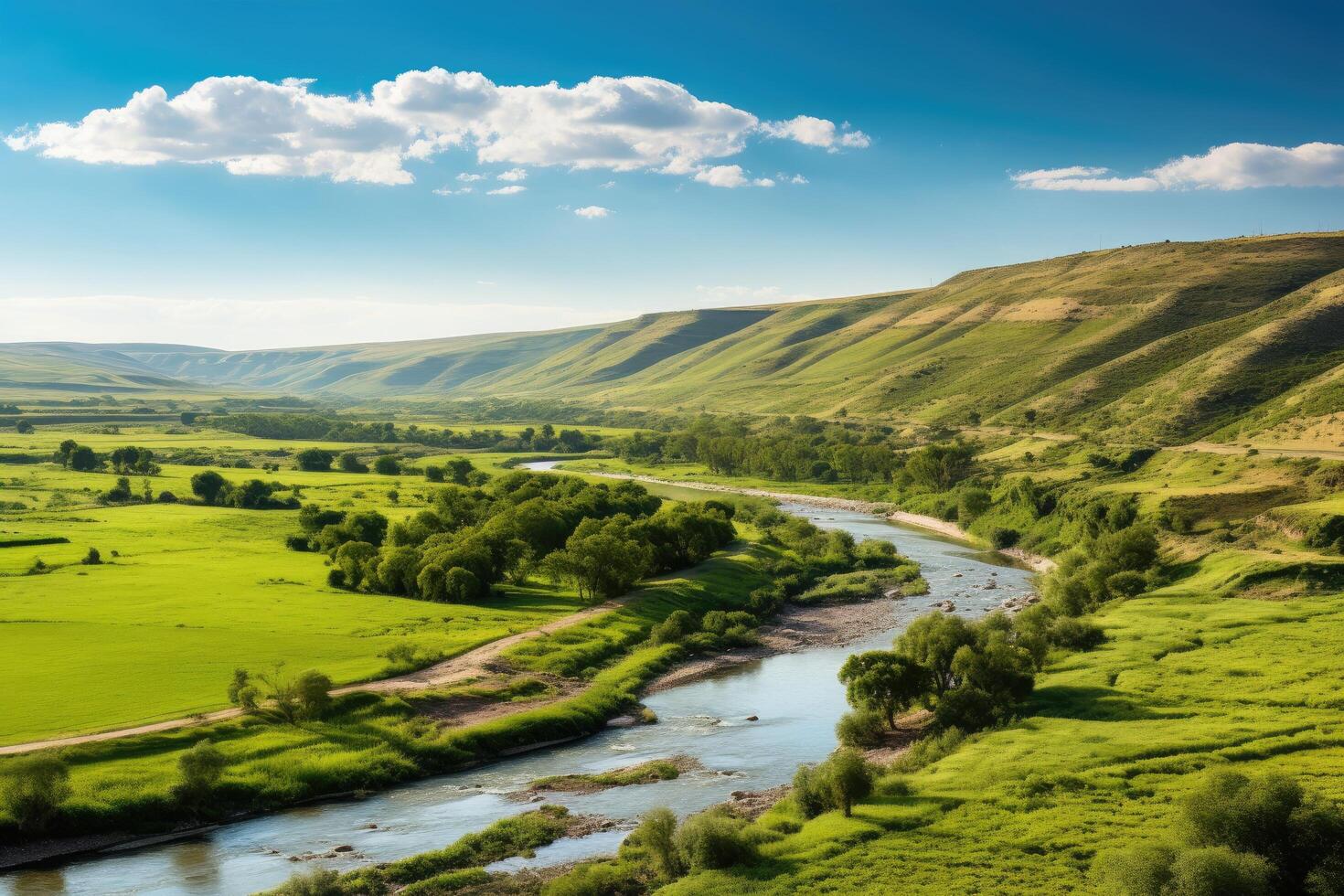 Scenic countryside landscape with river and rolling hills photo