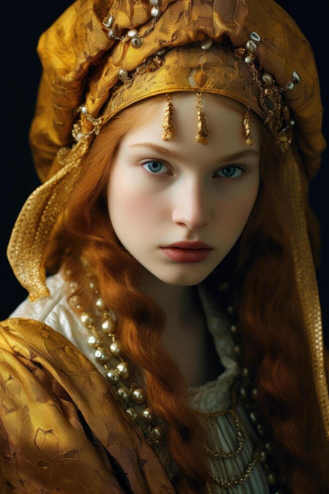 Mysterious woman in golden headdress photo