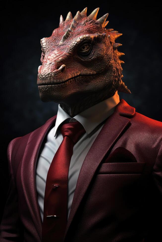 Businessman in a suit with a dinosaur head photo