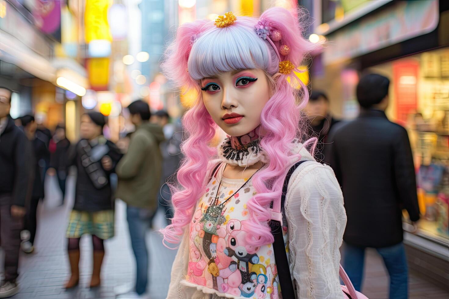 Vibrant street fashion portrait of a young woman with pink hair photo