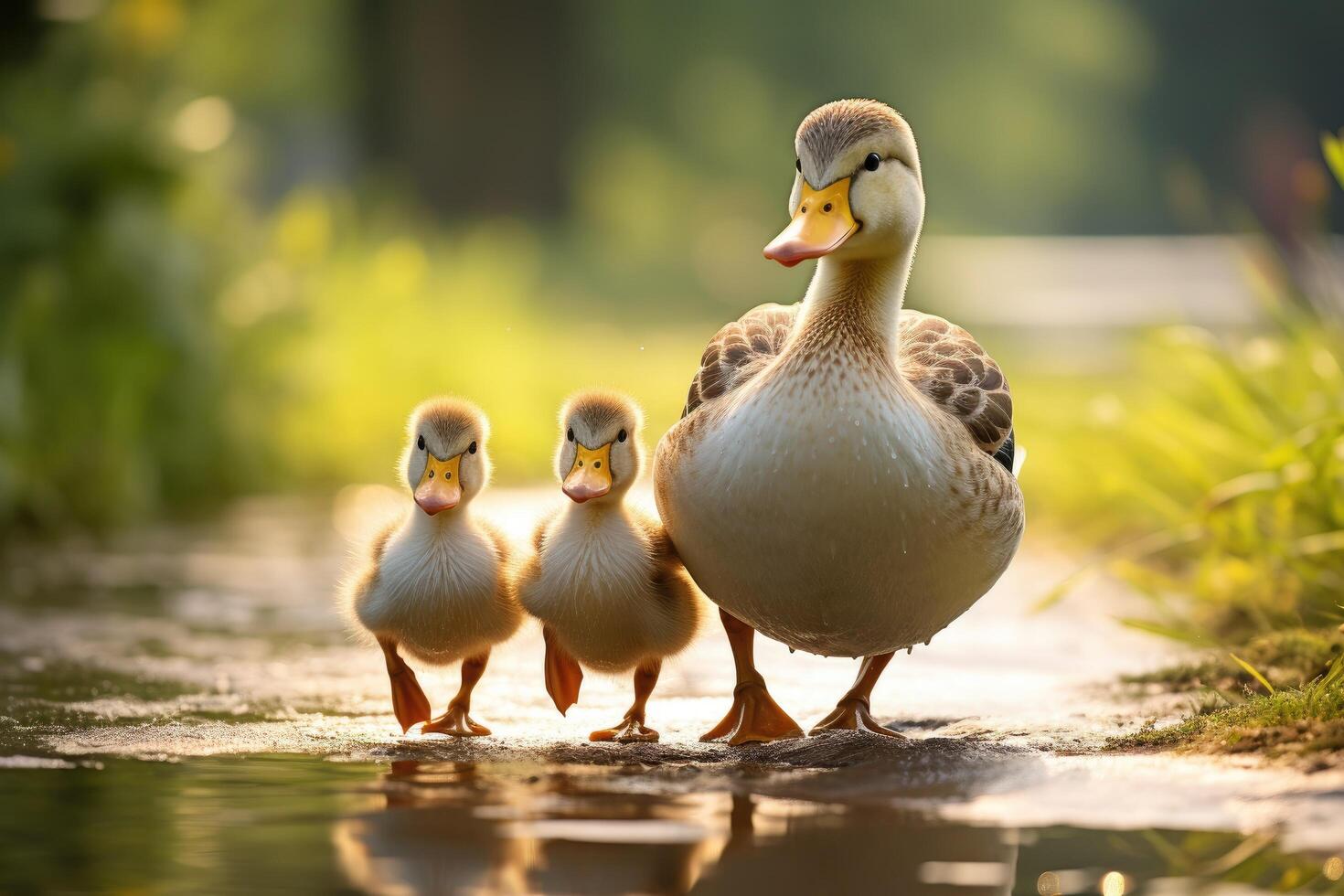 Adorable baby ducklings following their mother photo