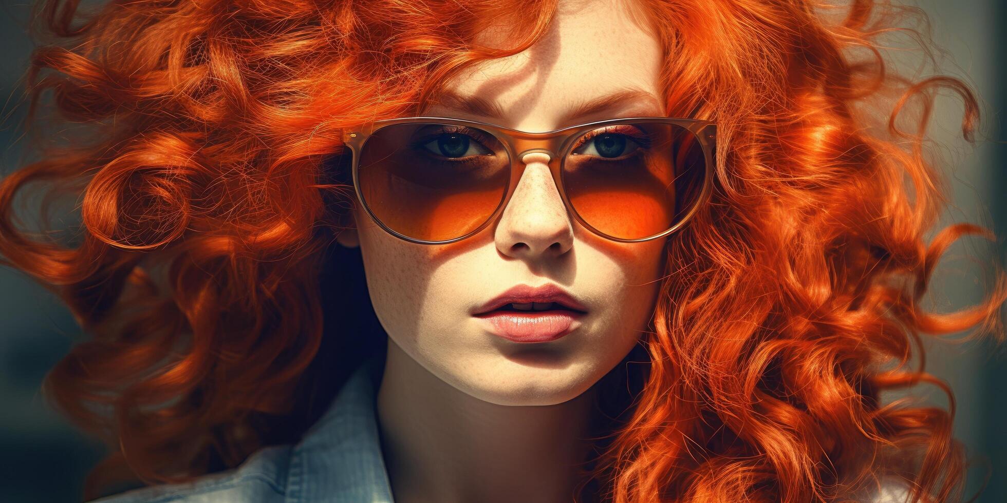 Intense gaze of a woman with vibrant red curly hair photo