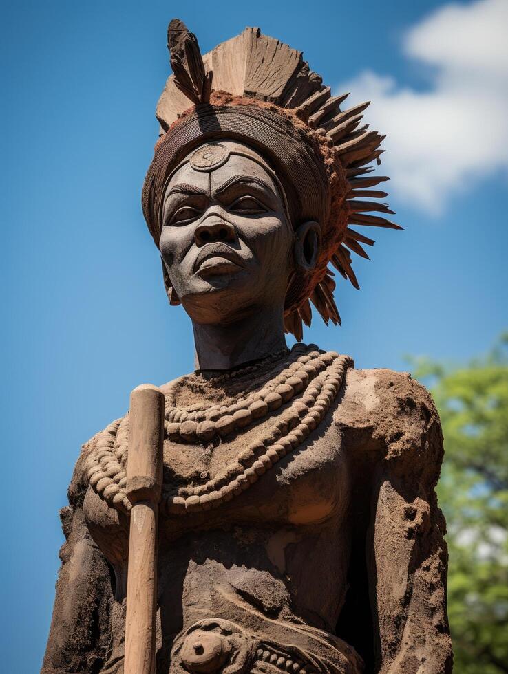 Tribal statue with intricate headdress and beaded necklace photo