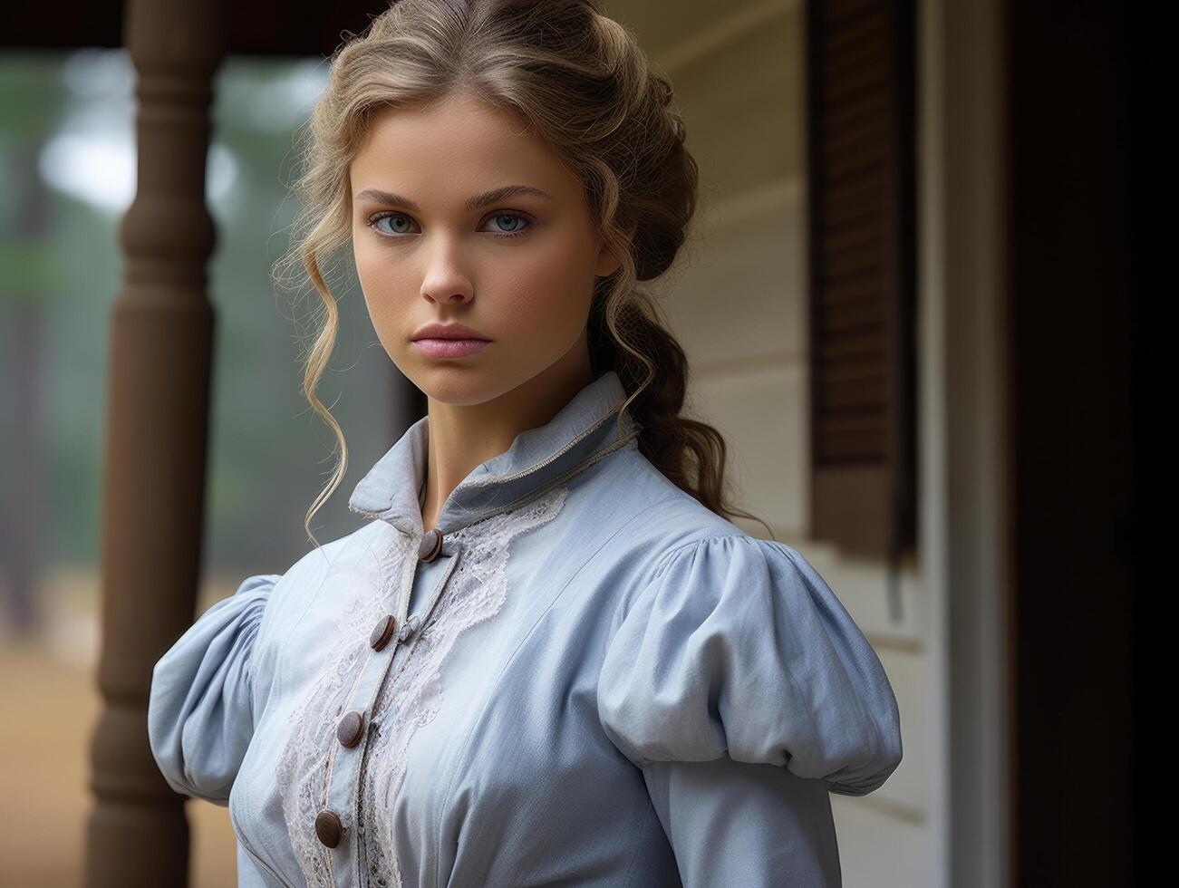 young woman with braided hairstyle in vintage dress photo