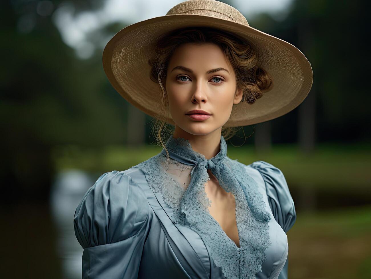 woman in a wide brimmed hat posing outdoors photo