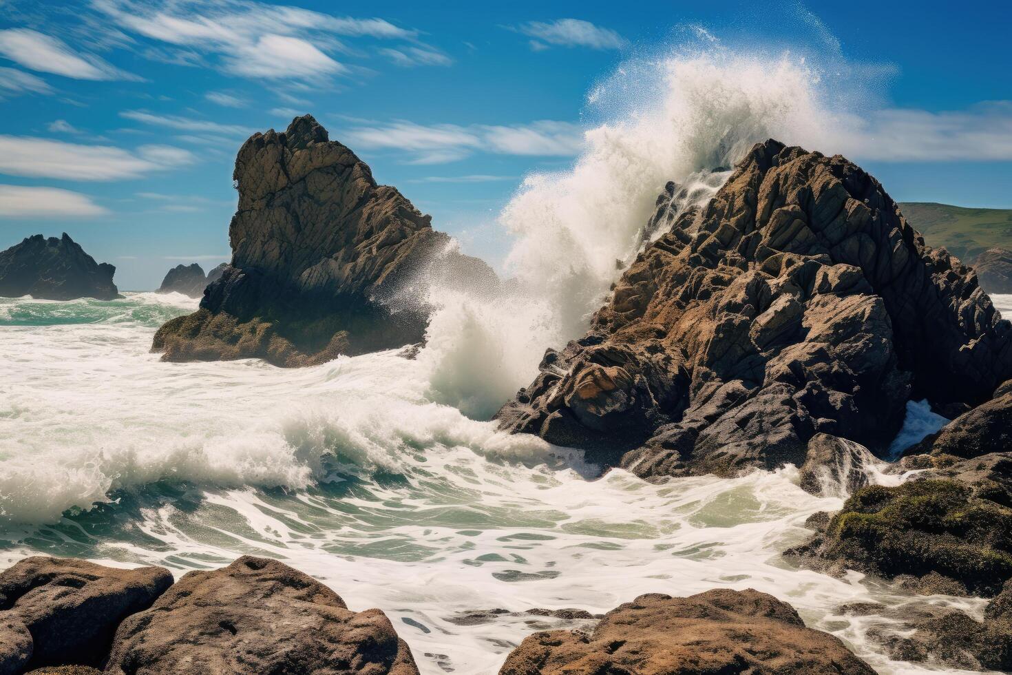 Powerful waves crashing against rugged coastal rocks photo