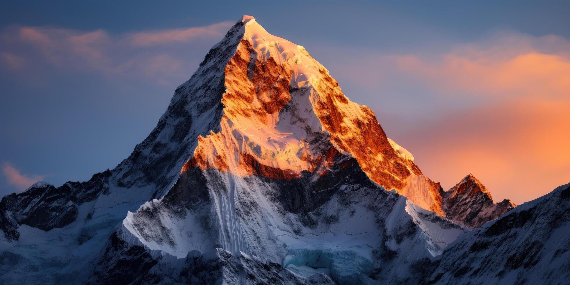 Majestic snow capped mountain peak at sunset photo