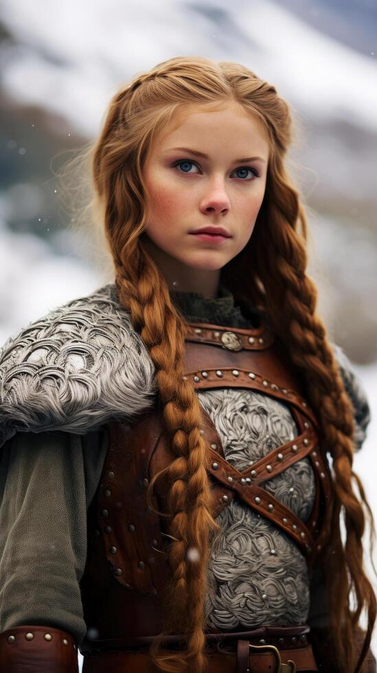 Fierce warrior woman in winter landscape photo