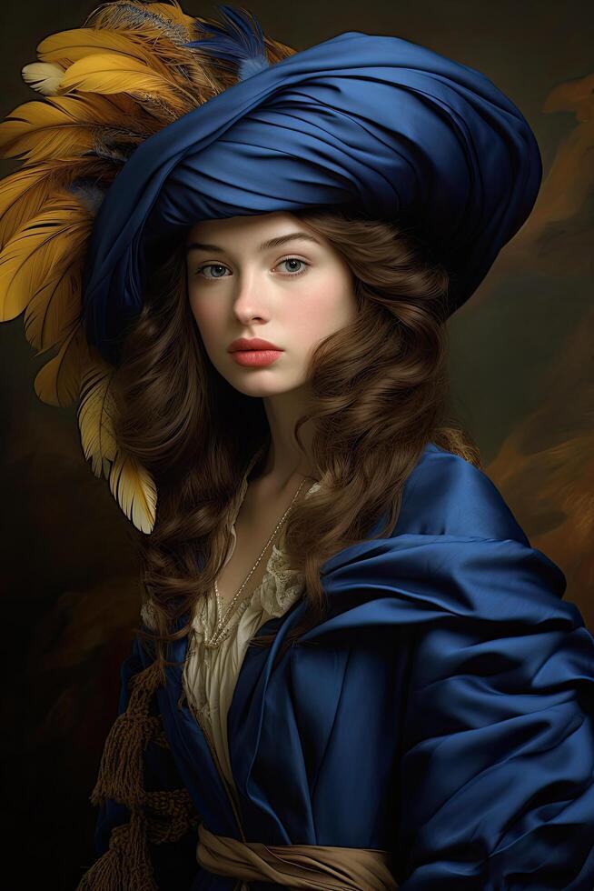 woman in blue hat with feathers photo