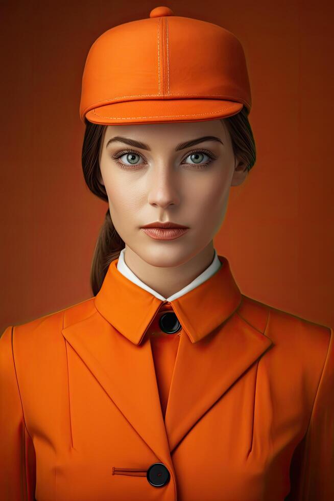 woman in orange uniform and cap photo